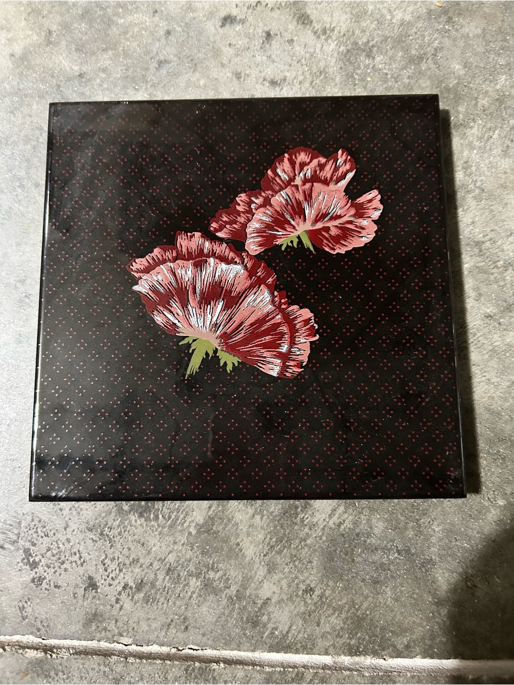 Vintage Floral Ceramic Decorative Tile Wall Art Trivet Black & Red 6”x6”